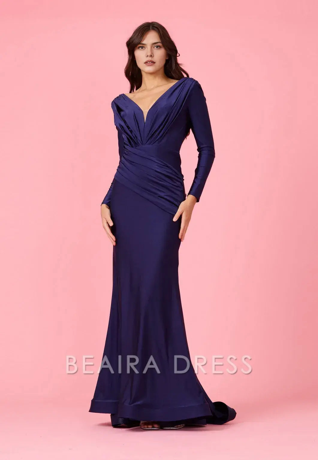 Elegant mermaid Long Sleeve Deep V - Neck Satin Sweep/Brush Train Prom Dress