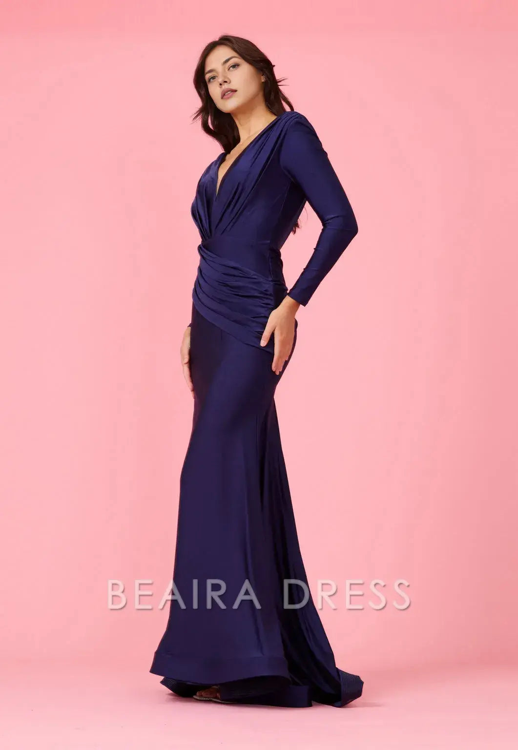 Elegant mermaid Long Sleeve Deep V - Neck Satin Sweep/Brush Train Prom Dress