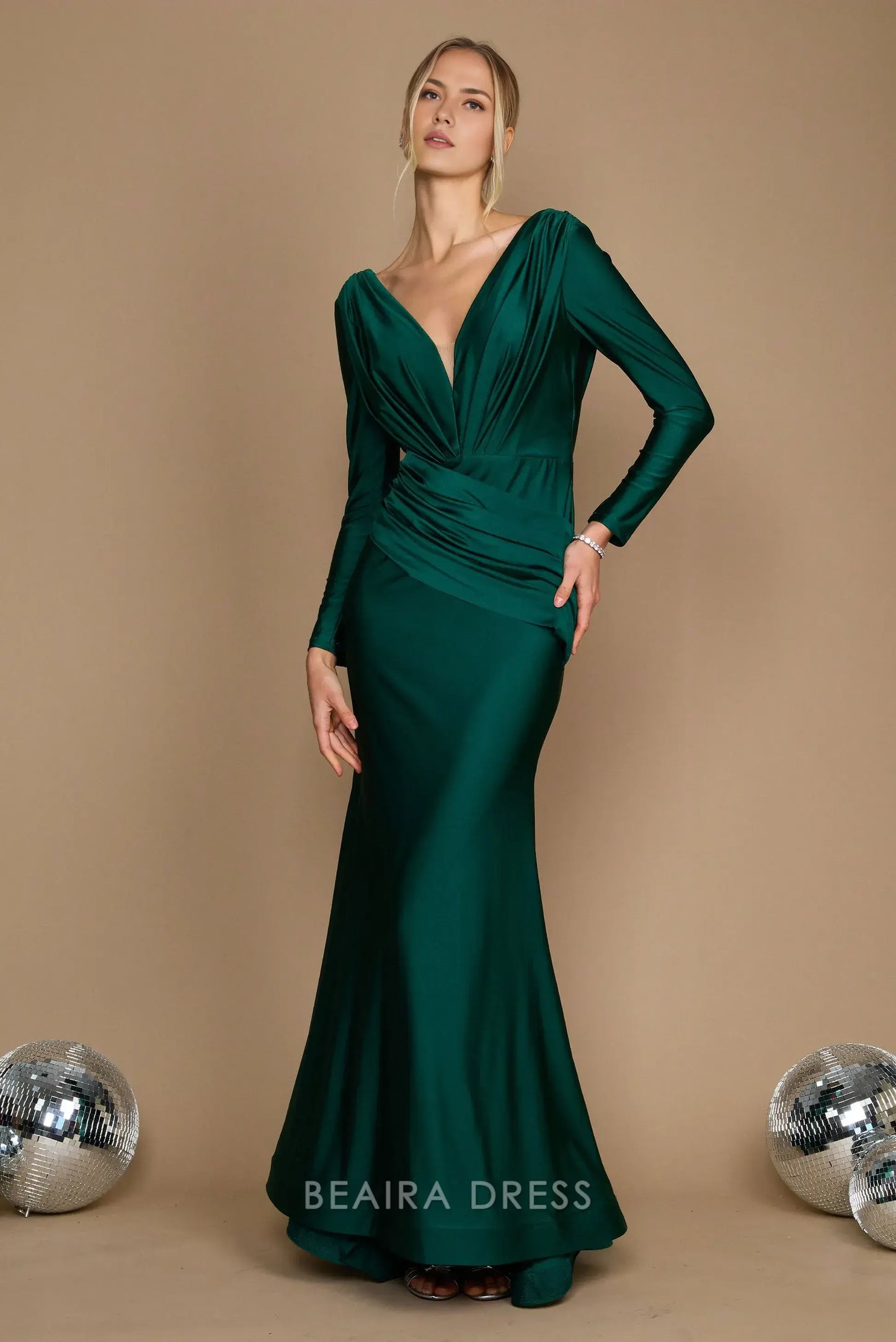 Elegant mermaid Long Sleeve Deep V - Neck Satin Sweep/Brush Train Prom Dress