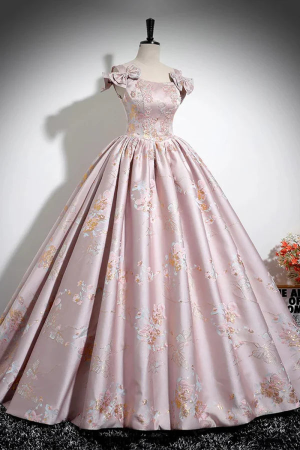 Enchanting Square-Neck Floral-Embroidered Pink Jacquard Long Prom Dresses