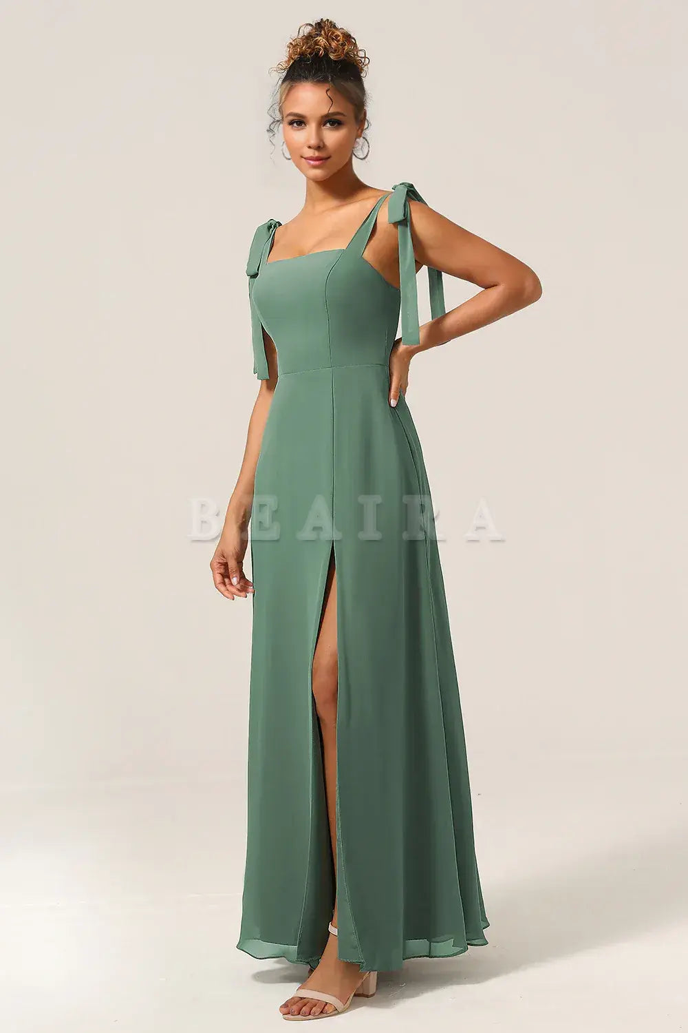 Beaira Eucalyptus A-Line Spaghetti Straps Floor Length Bridesmaid Dress with Slit Bridesmaid dress shop