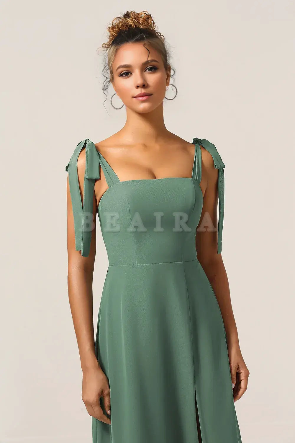 Beaira Eucalyptus A-Line Spaghetti Straps Floor Length Bridesmaid Dress with Slit Bridesmaid dress shop