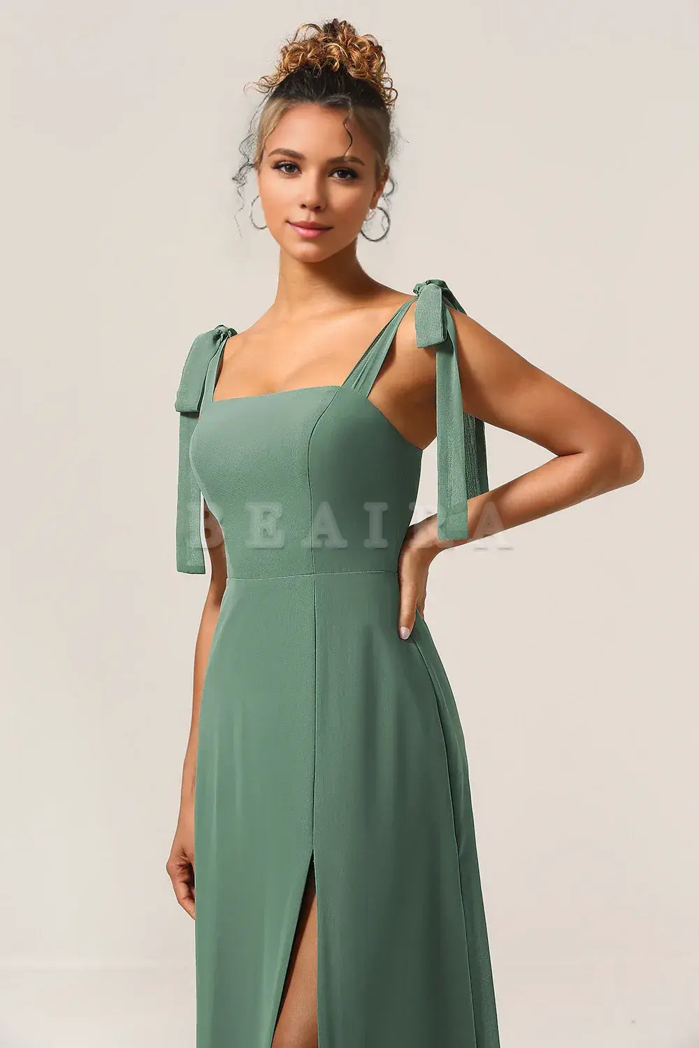 Beaira Eucalyptus A-Line Spaghetti Straps Floor Length Bridesmaid Dress with Slit Bridesmaid dress shop
