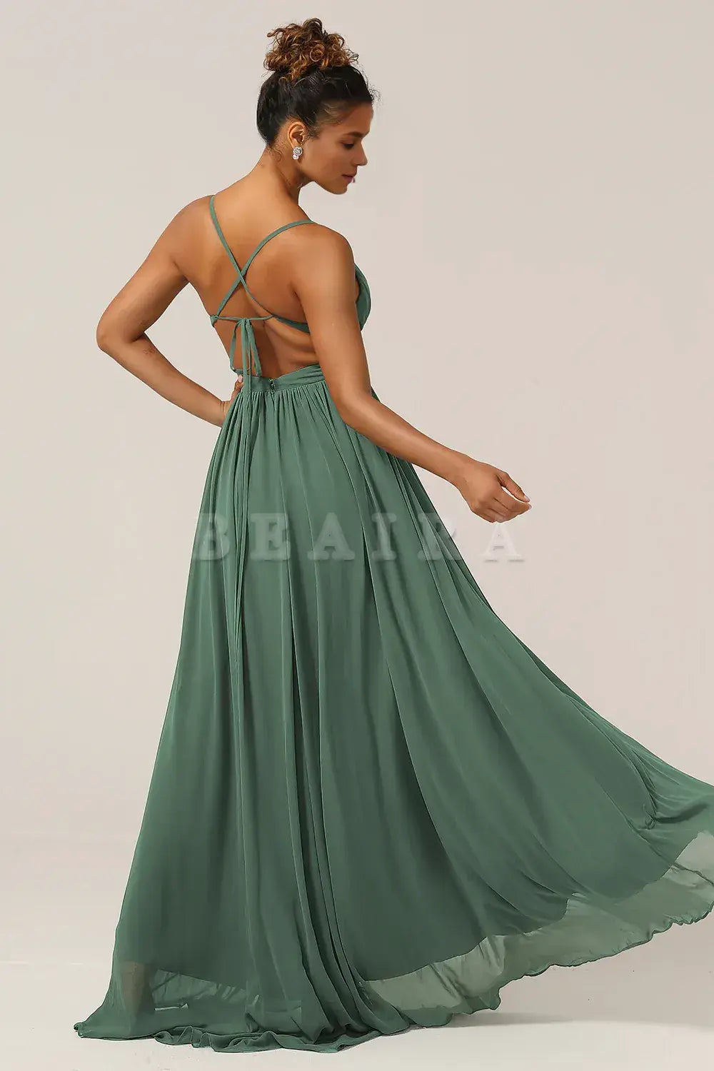 Beaira Eucalyptus A-Line Spaghetti Straps Floor Length Chiffon Bridesmaid Dress with Slit Bridesmaid dress shop