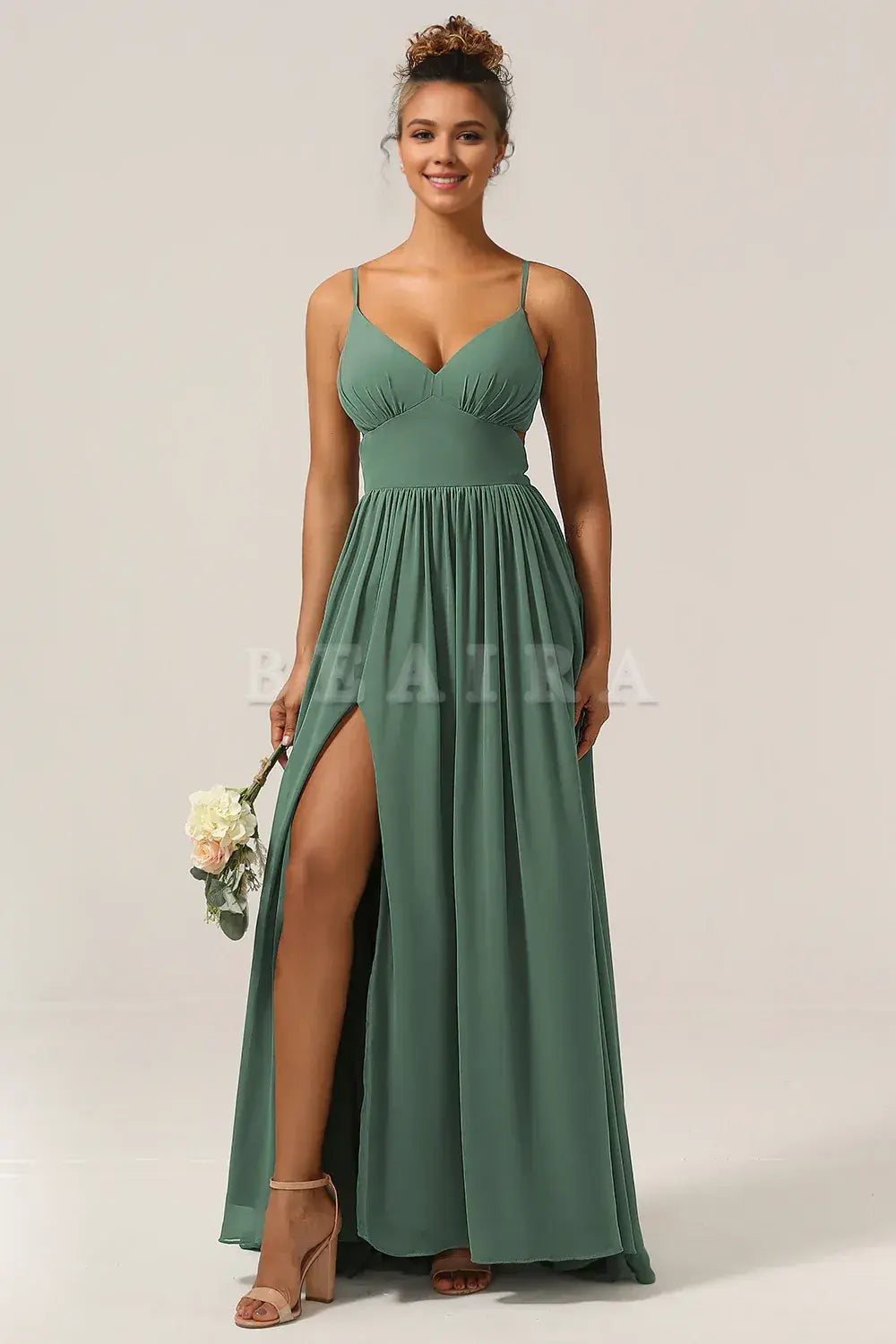 Beaira Eucalyptus A-Line Spaghetti Straps Floor Length Chiffon Bridesmaid Dress with Slit Bridesmaid dress shop