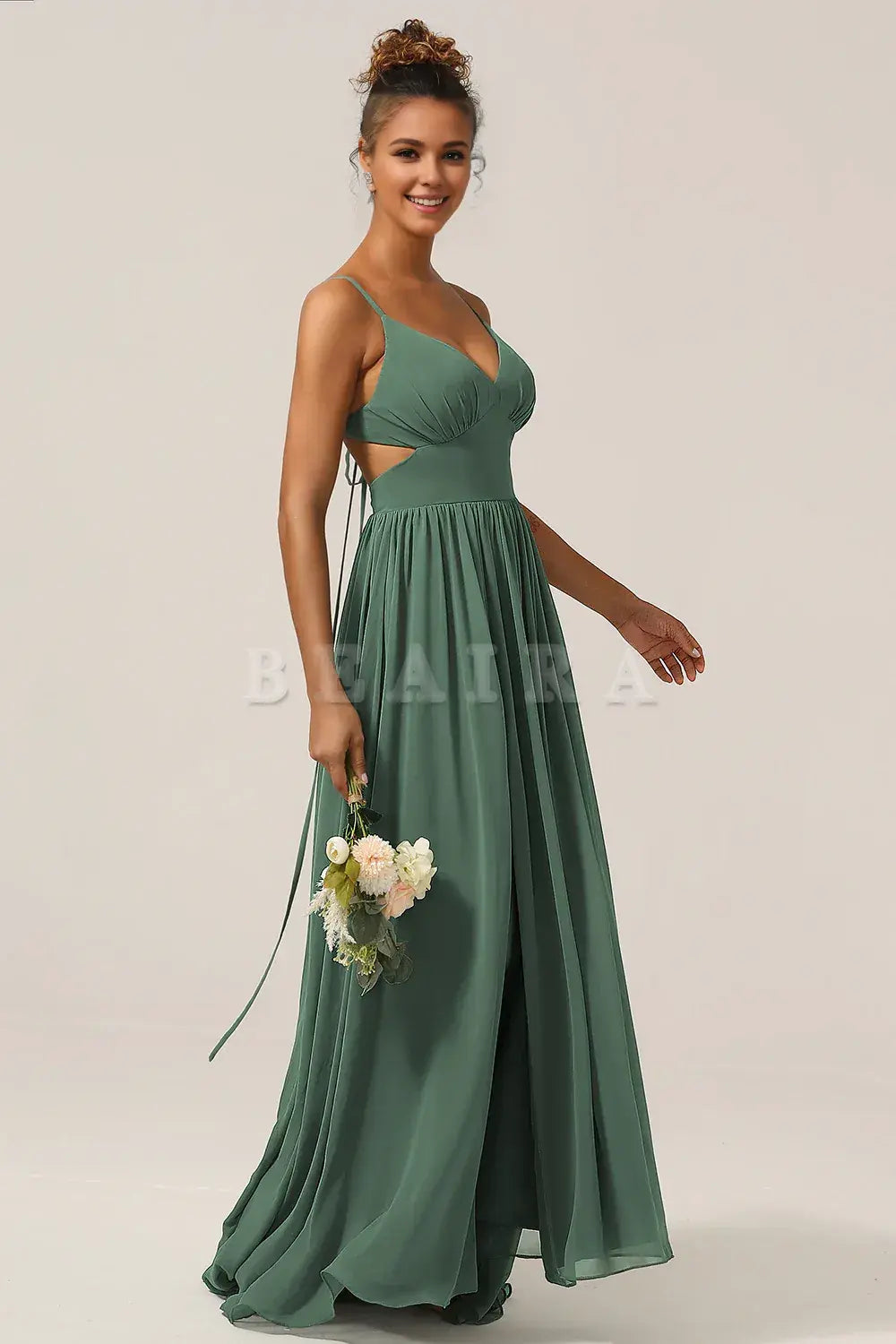 Beaira Eucalyptus A-Line Spaghetti Straps Floor Length Chiffon Bridesmaid Dress with Slit Bridesmaid dress shop