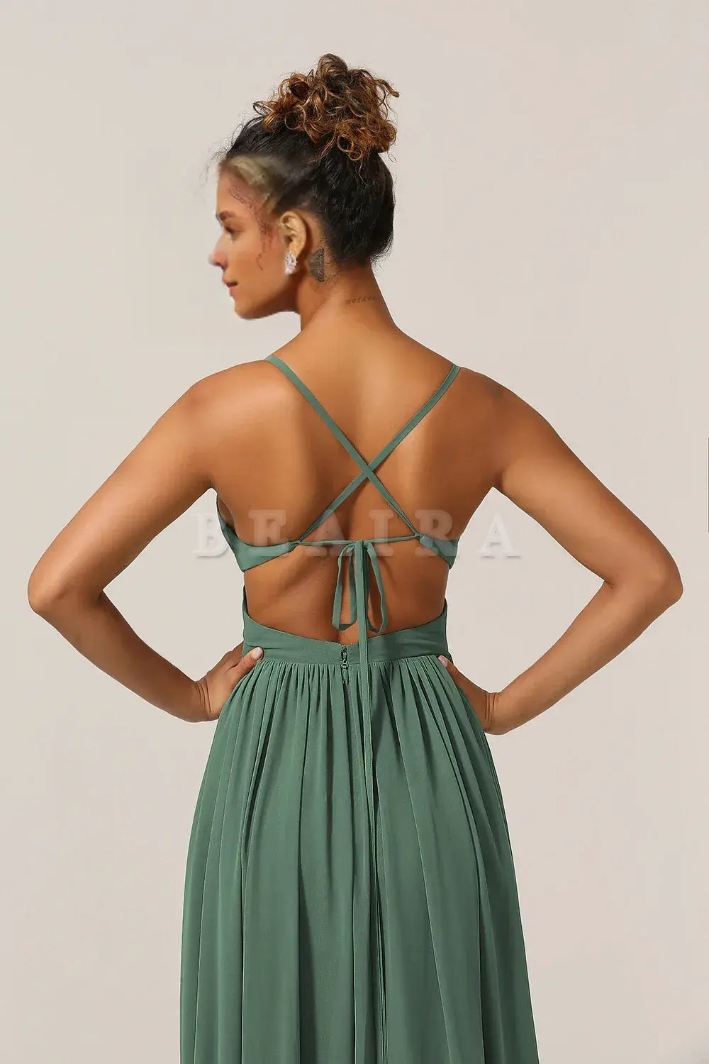 Beaira Eucalyptus A-Line Spaghetti Straps Floor Length Chiffon Bridesmaid Dress with Slit Bridesmaid dress shop