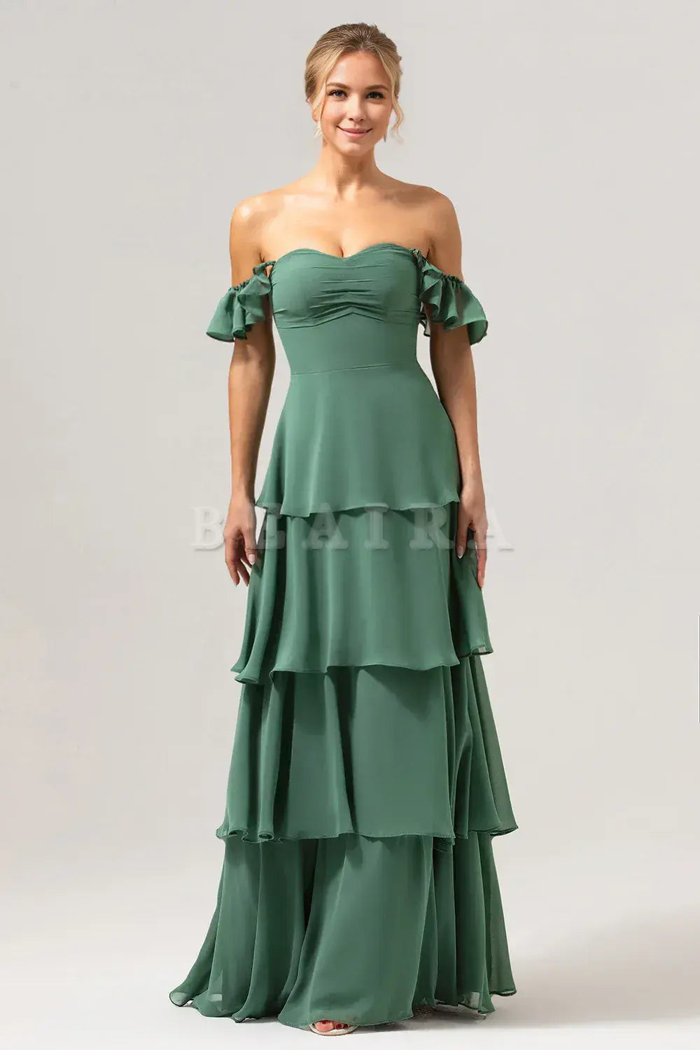 Beaira Eucalyptus A Line Off The Shoulder Tiered Long Bridesmaid Dress Bridesmaid dress shop