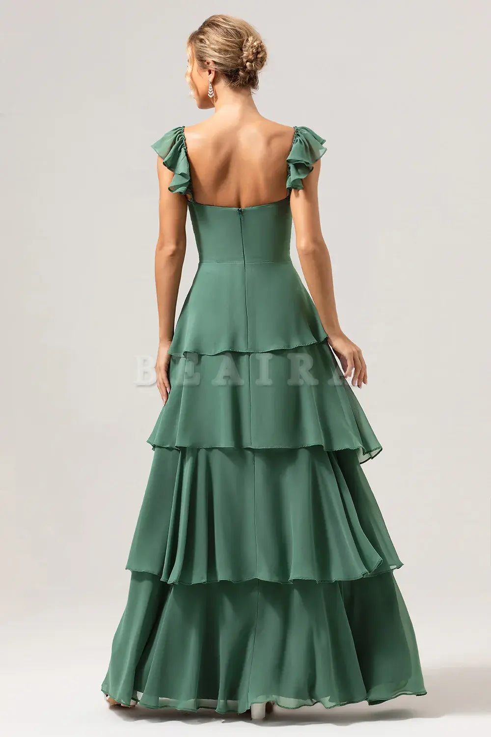 Beaira Eucalyptus A Line Off The Shoulder Tiered Long Bridesmaid Dress Bridesmaid dress shop