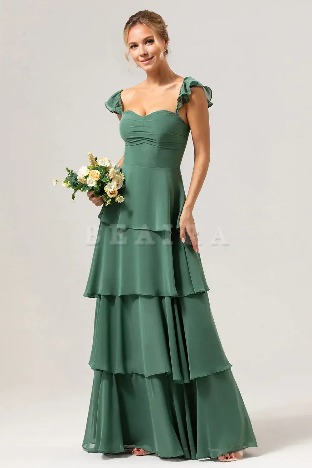 Beaira Eucalyptus A Line Off The Shoulder Tiered Long Bridesmaid Dress Bridesmaid dress shop