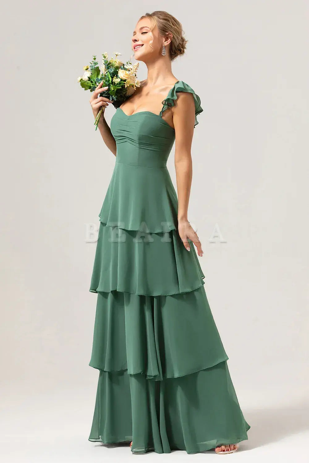 Beaira Eucalyptus A Line Off The Shoulder Tiered Long Bridesmaid Dress Bridesmaid dress shop