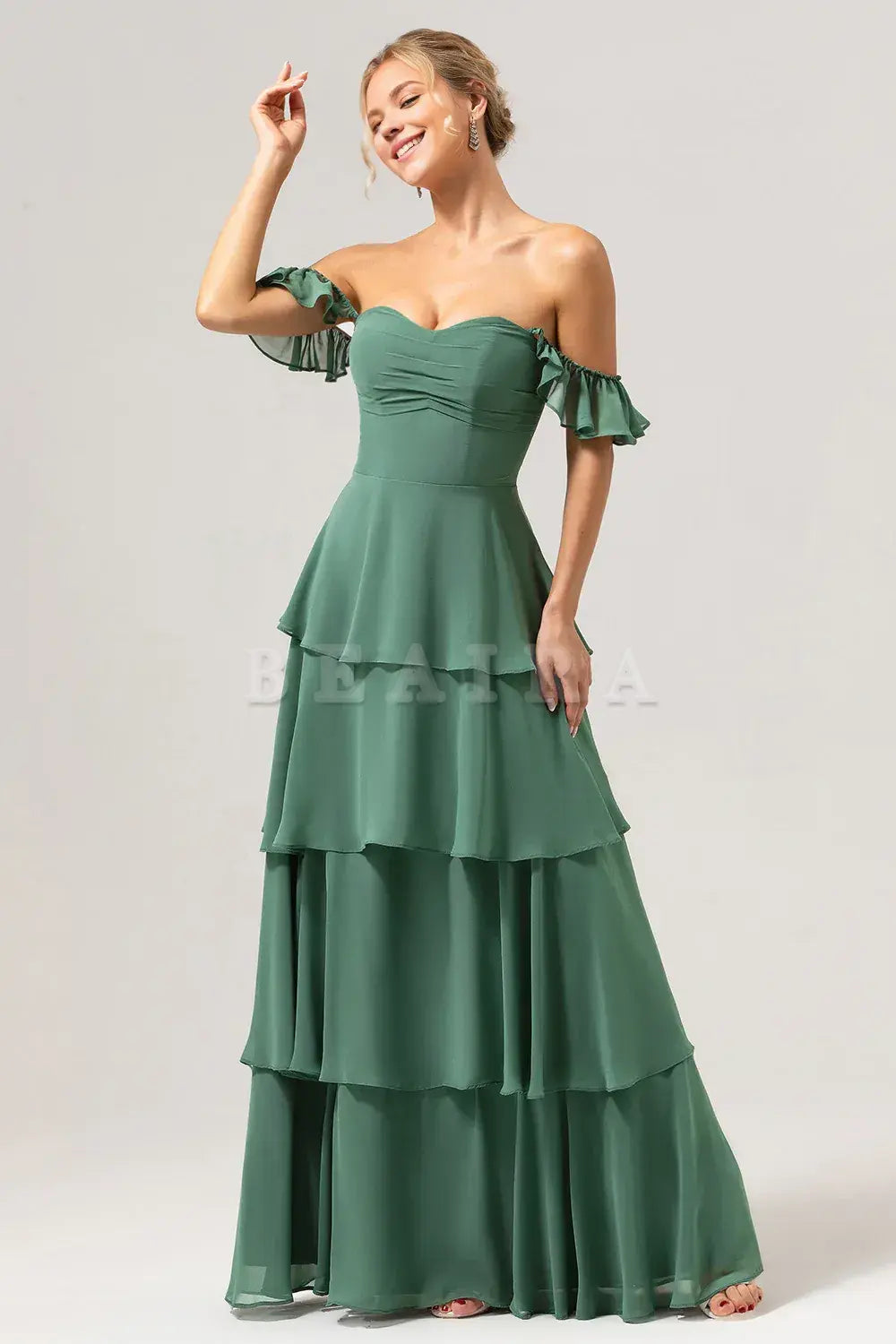 Beaira Eucalyptus A Line Off The Shoulder Tiered Long Bridesmaid Dress Bridesmaid dress shop