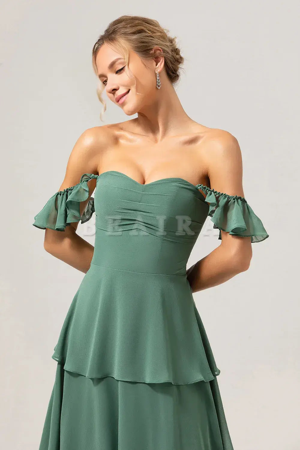 Beaira Eucalyptus A Line Off The Shoulder Tiered Long Bridesmaid Dress Bridesmaid dress shop