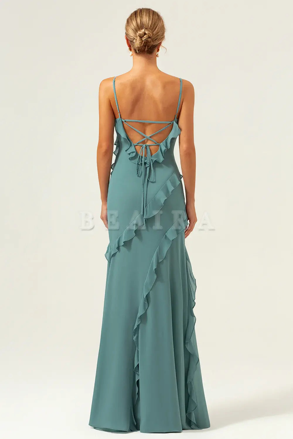 Beaira Eucalyptus Sheath Spaghetti Straps Ruffle Floor Length Bridesmaid Dress Bridesmaid dress shop
