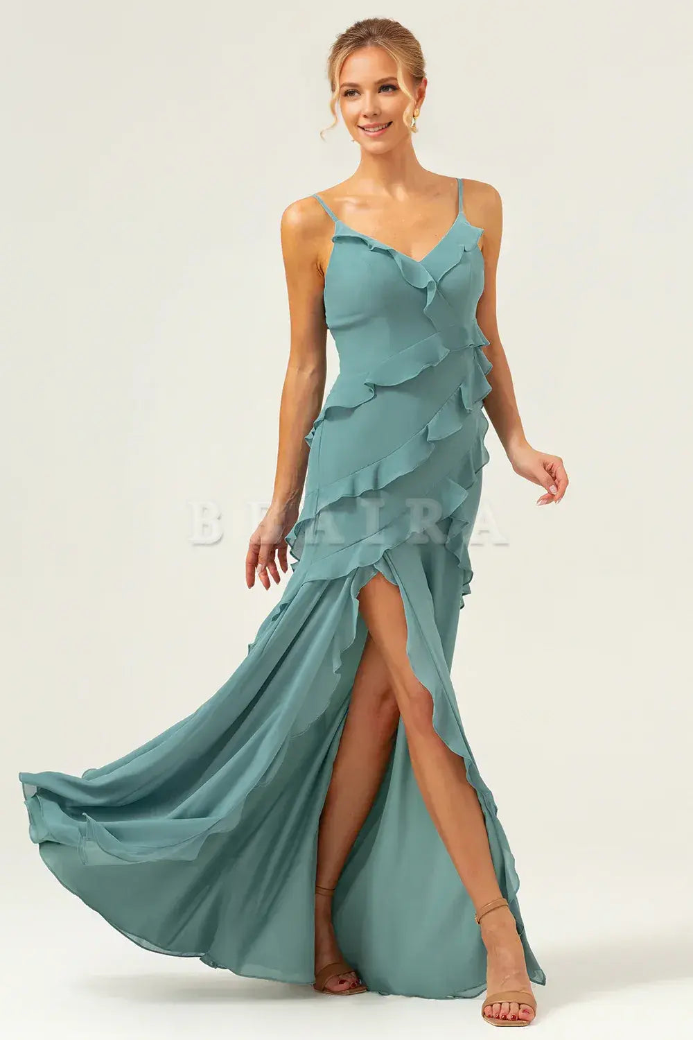Beaira Eucalyptus Sheath Spaghetti Straps Ruffle Floor Length Bridesmaid Dress Bridesmaid dress shop