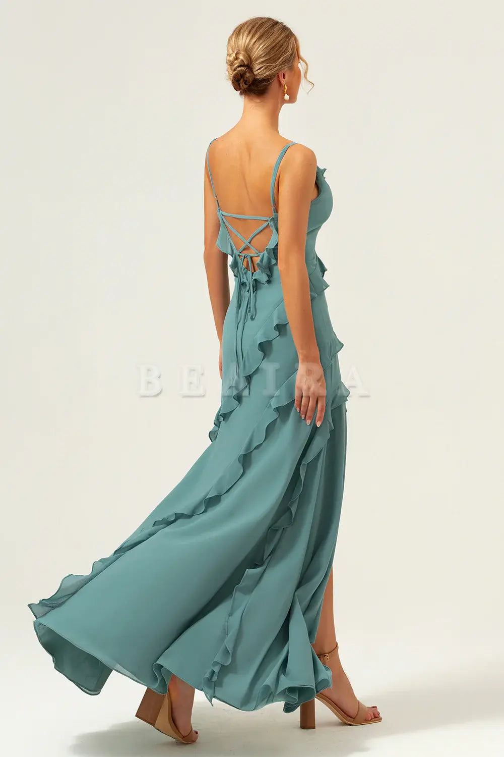 Beaira Eucalyptus Sheath Spaghetti Straps Ruffle Floor Length Bridesmaid Dress Bridesmaid dress shop