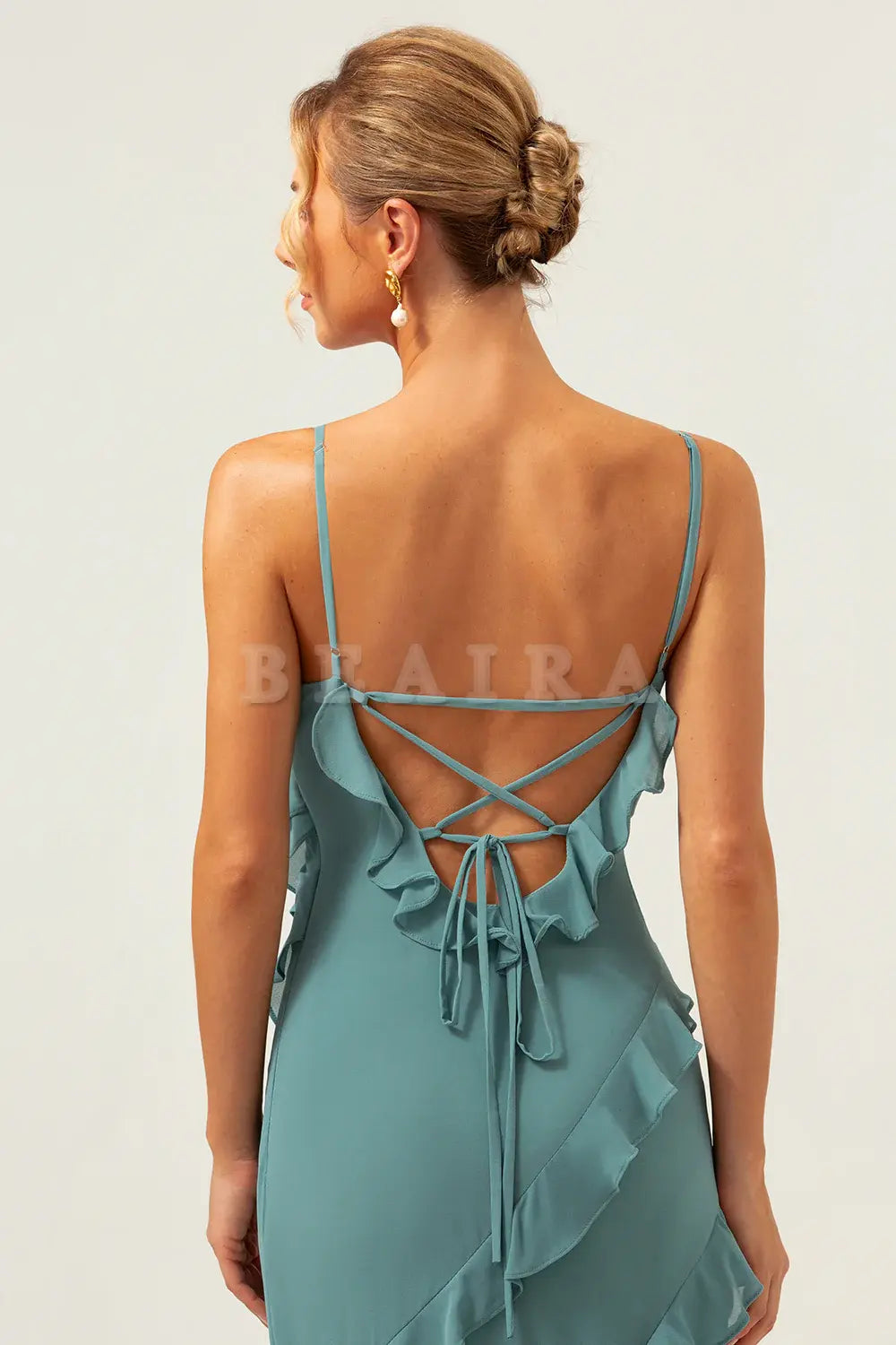 Beaira Eucalyptus Sheath Spaghetti Straps Ruffle Floor Length Bridesmaid Dress Bridesmaid dress shop