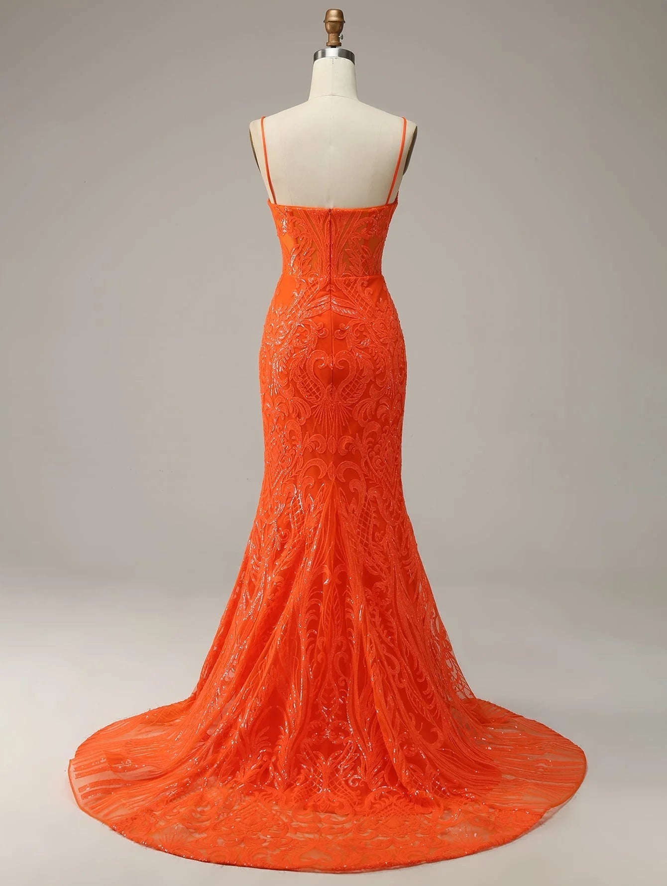 Excellent Orange Mermaid Spaghetti Straps Sequins Split Prom Dress