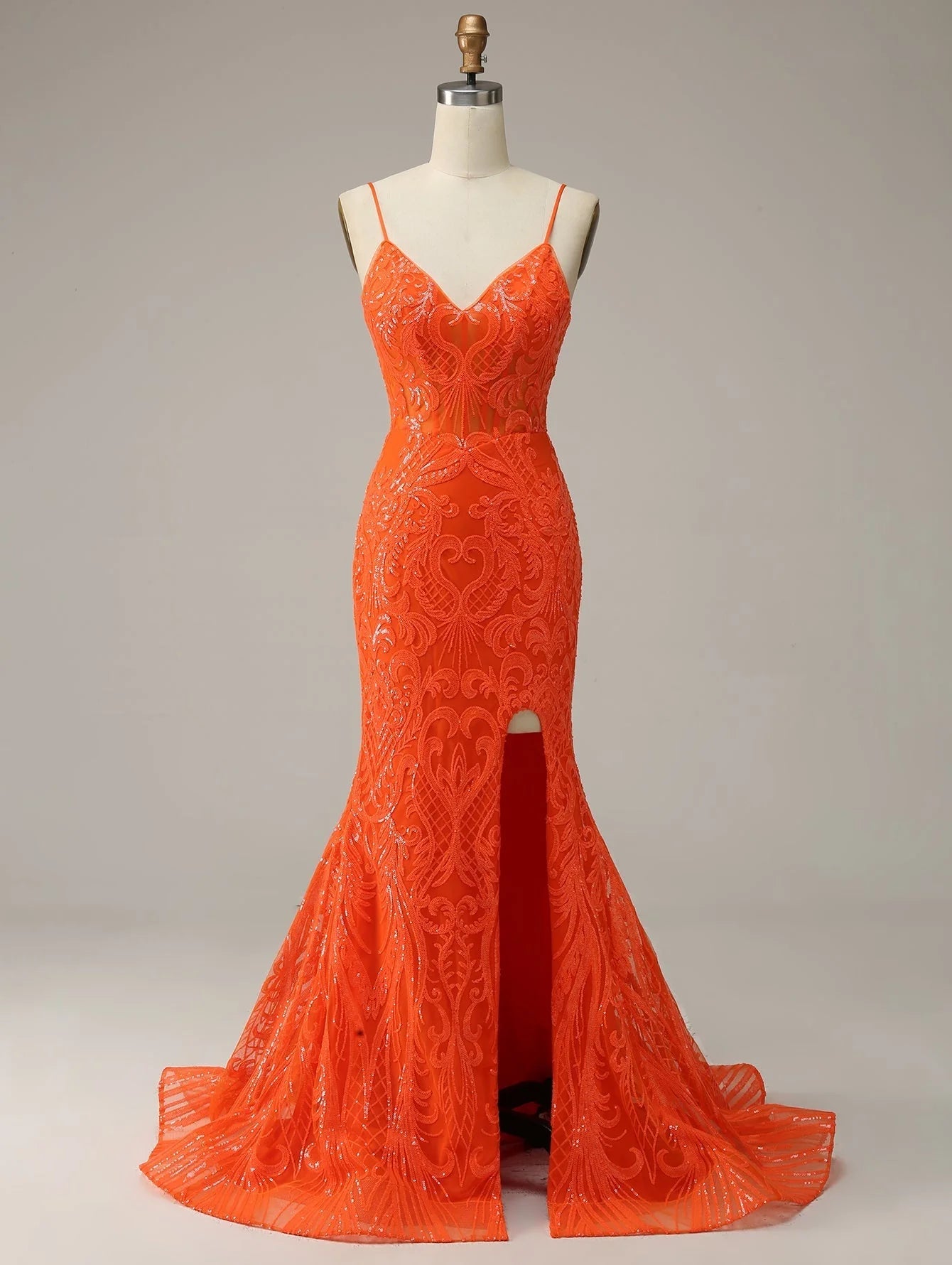 Excellent Orange Mermaid Spaghetti Straps Sequins Split Prom Dress
