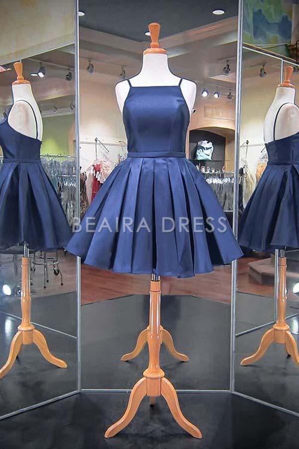 Beaira Simple Fashion Navy Blue Spaghetti Straps Satin Homecoming Dresses formal wear dresses