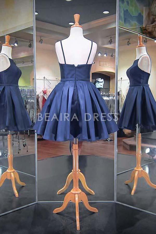 Beaira Simple Fashion Navy Blue Spaghetti Straps Satin Homecoming Dresses formal wear dresses