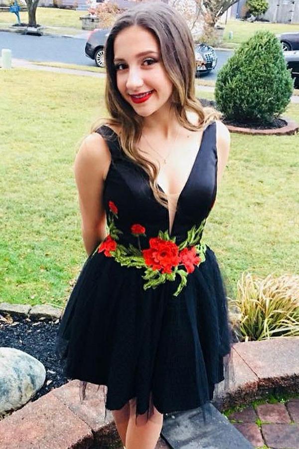 Flare Little Black Floral Homecoming Dress V Neck with Flowers Short Cocktail Dresses