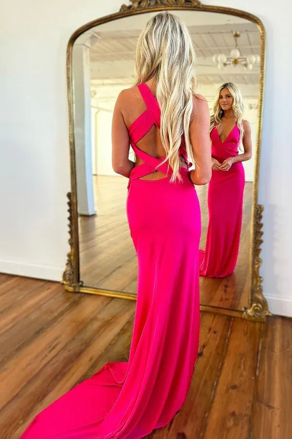 Beaira Hot Pink V-Neck Cross Back Long Satin Corset Prom Party Dress - Fuchsia