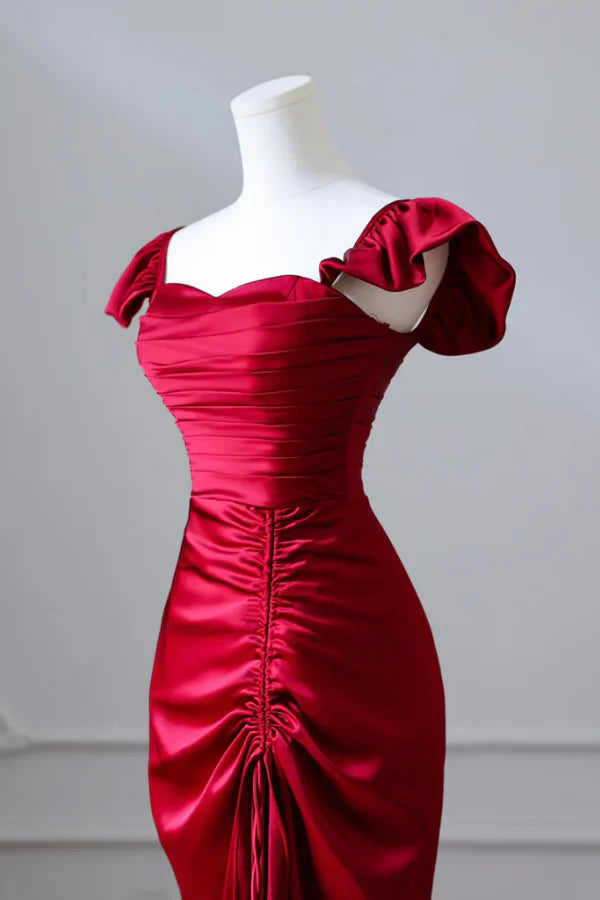 Glamorous Mermaid Off-the-Shoulder Ruched Red Satin Long Prom Dresses