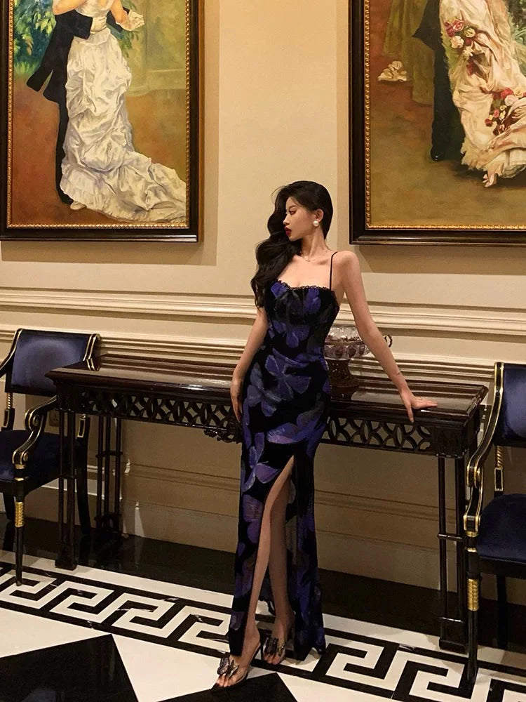 Glamorous Mermaid Sleeveless Butterfly-Print Black Velvet Long Prom Dresses