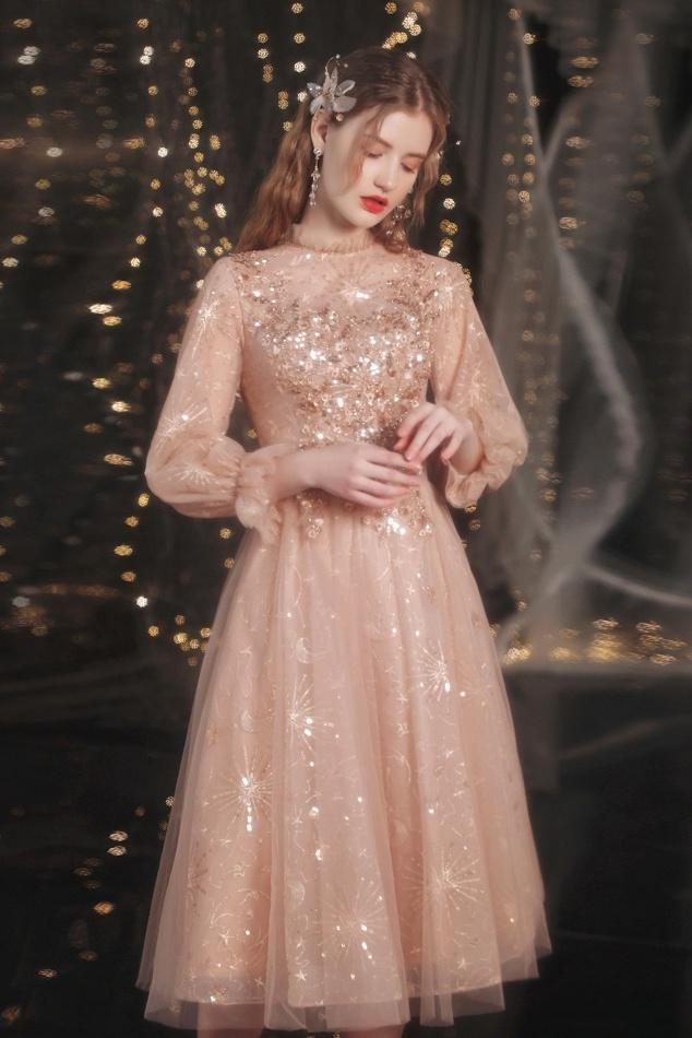 Glitter Long Sleeves A-line Homecoming Dresses Elegant Knee Length Short Prom Dress