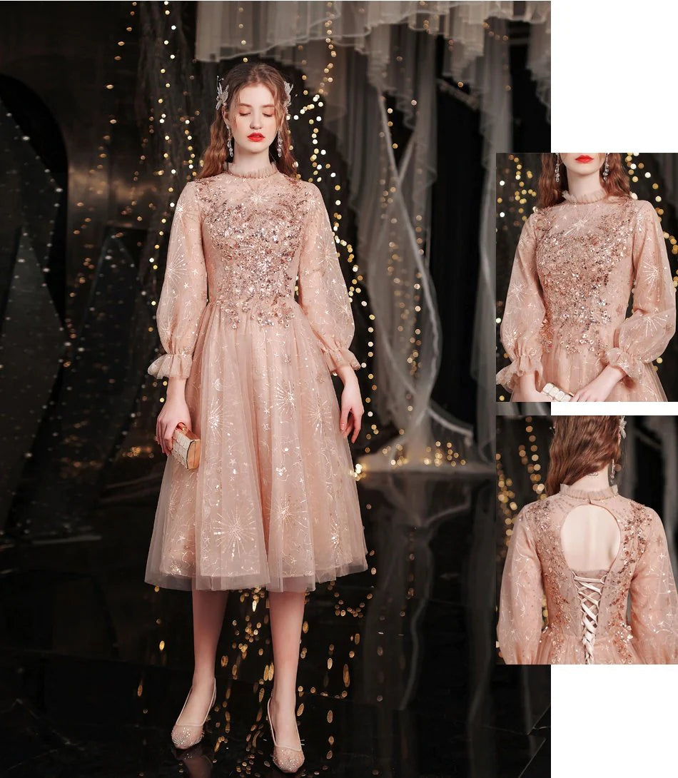 Glitter Long Sleeves A-line Homecoming Dresses Elegant Knee Length Short Prom Dress