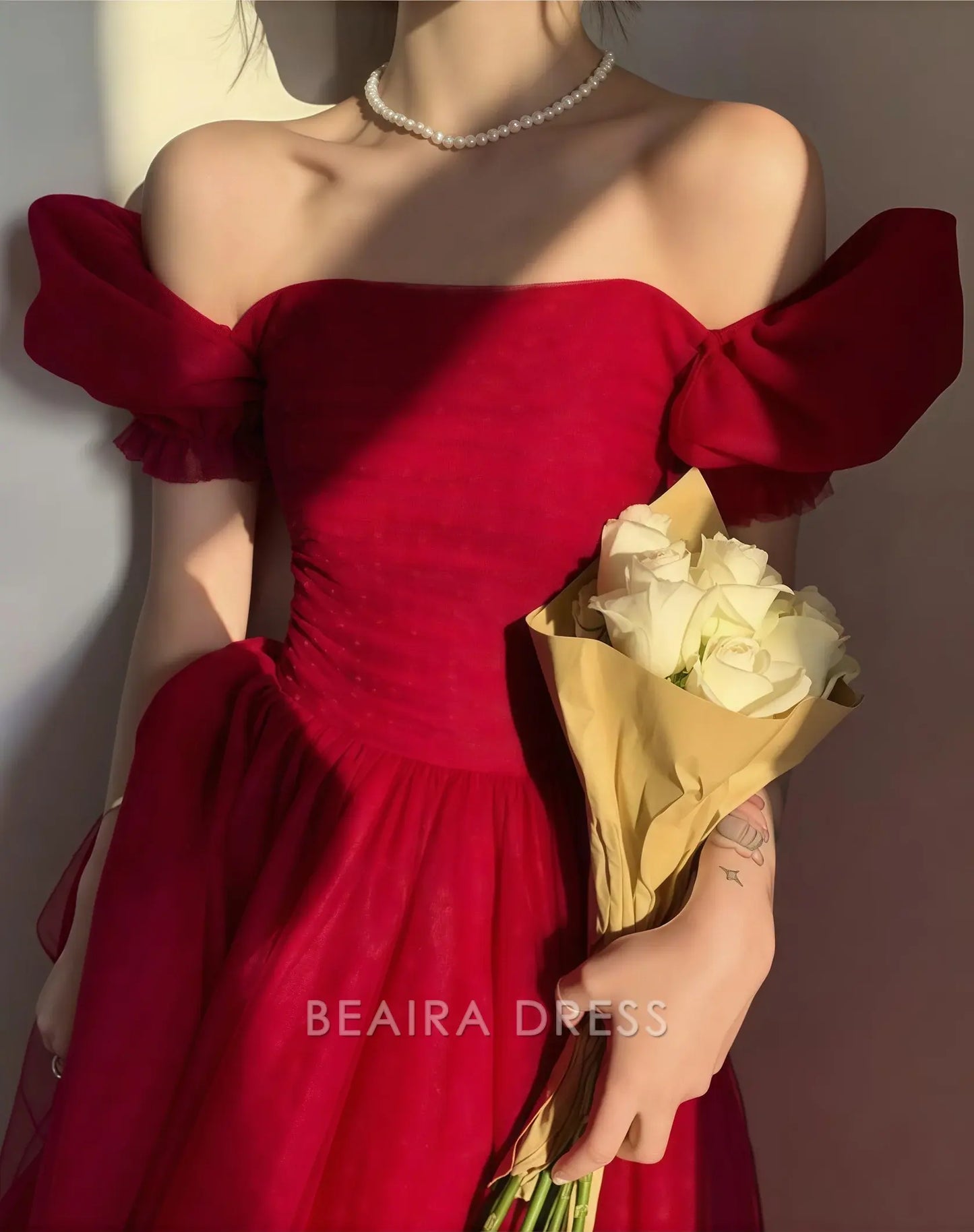 Beaira Elegant Glitter Red A-line Tulle Prom Dresses Short Sleeves Birthday Dress formal wear dresses