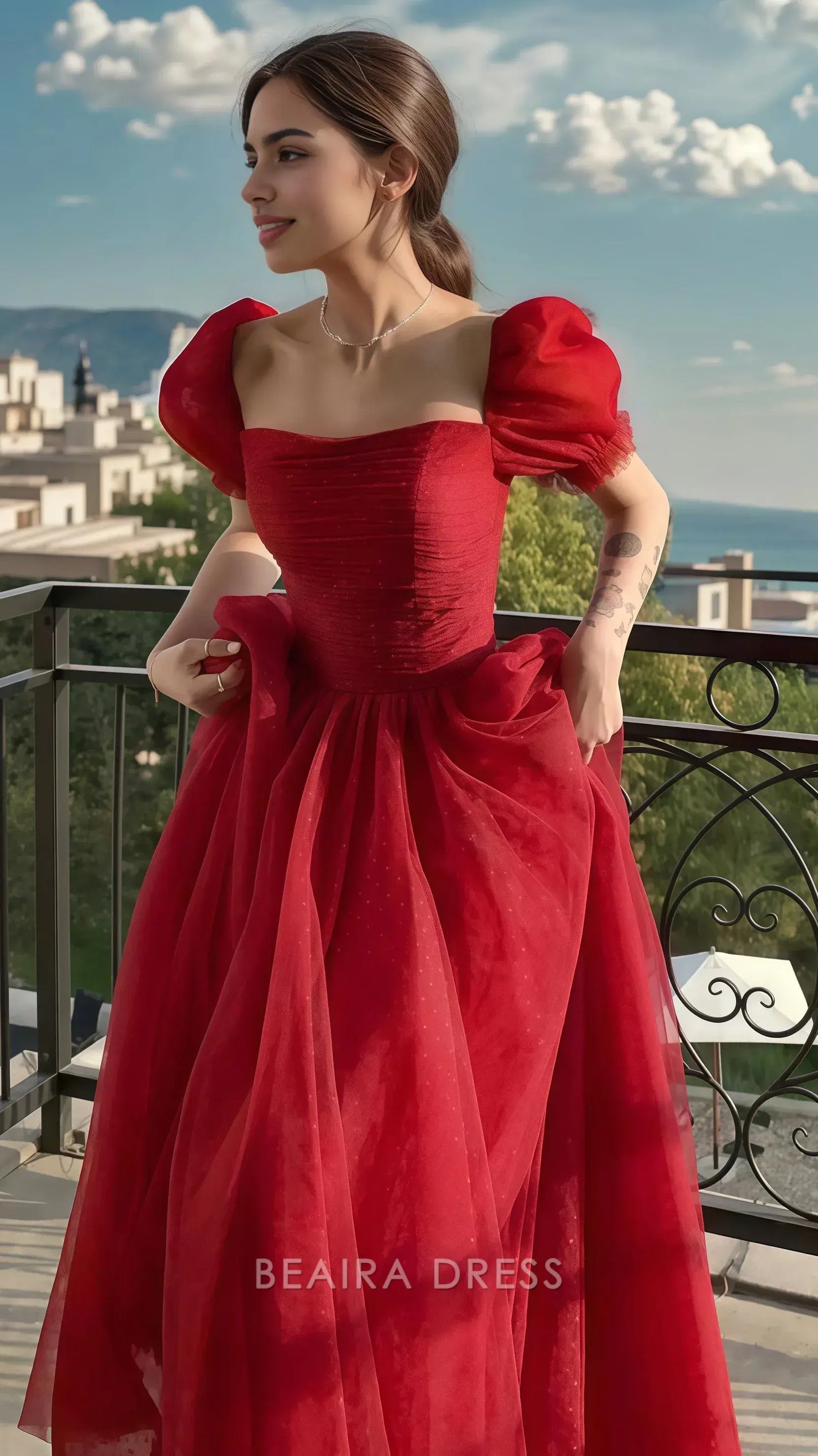 Beaira Elegant Glitter Red A-line Tulle Prom Dresses Short Sleeves Birthday Dress formal wear dresses