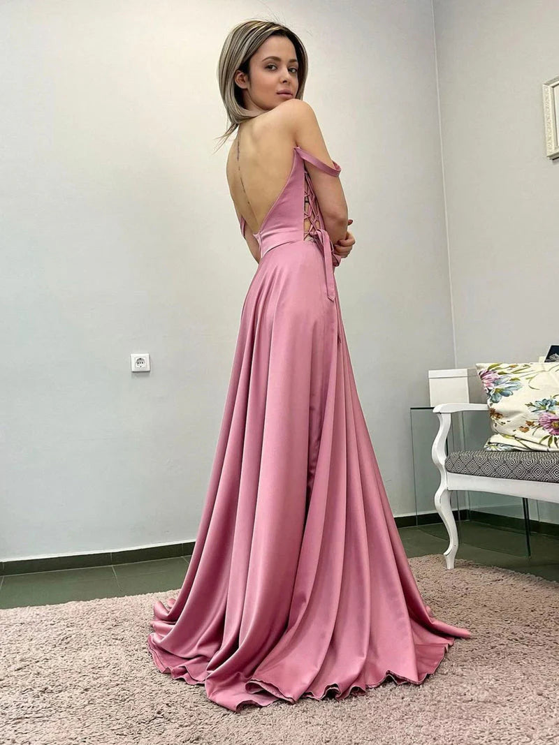 Off-the-Shoulder Floor-Length Satin Sweetheart Long Backless Prom Dresses