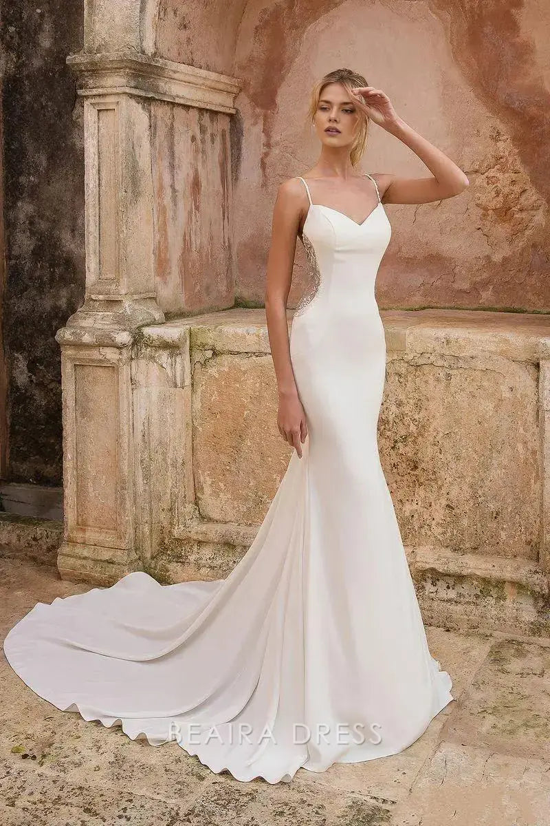 Gorgeous Mermaid Spaghetti Strap Lace Side Mermaid Wedding Dress with Train Prom Dress