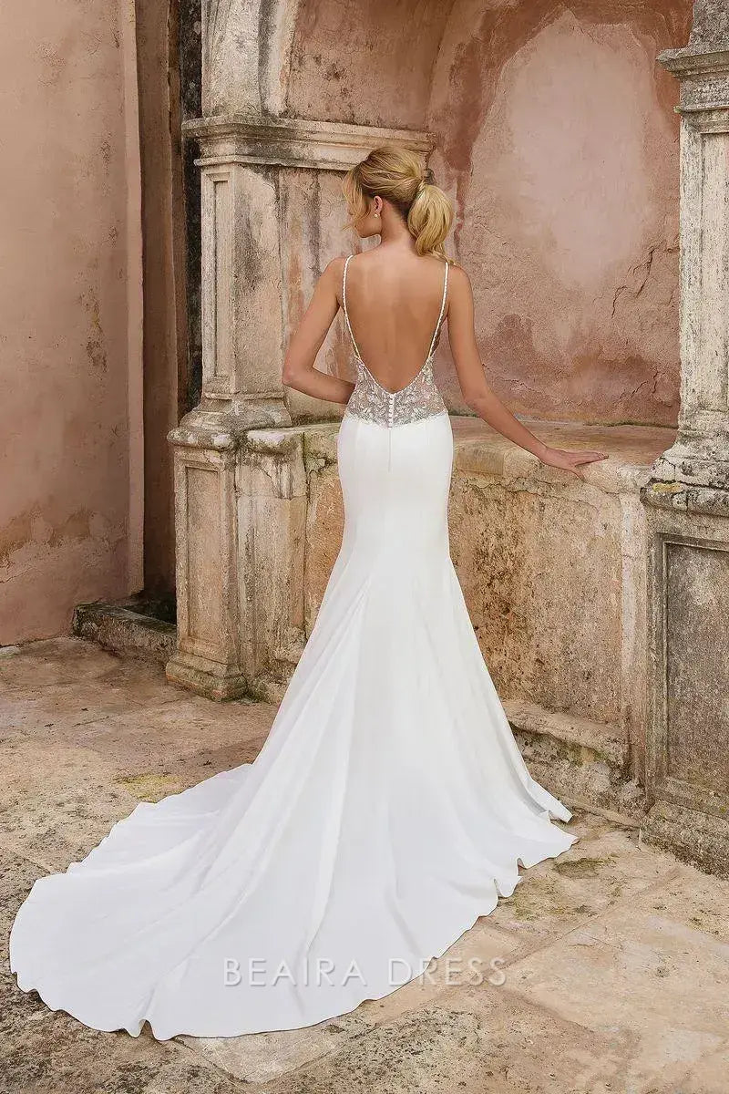 Gorgeous Mermaid Spaghetti Strap Lace Side Mermaid Wedding Dress with Train Prom Dress