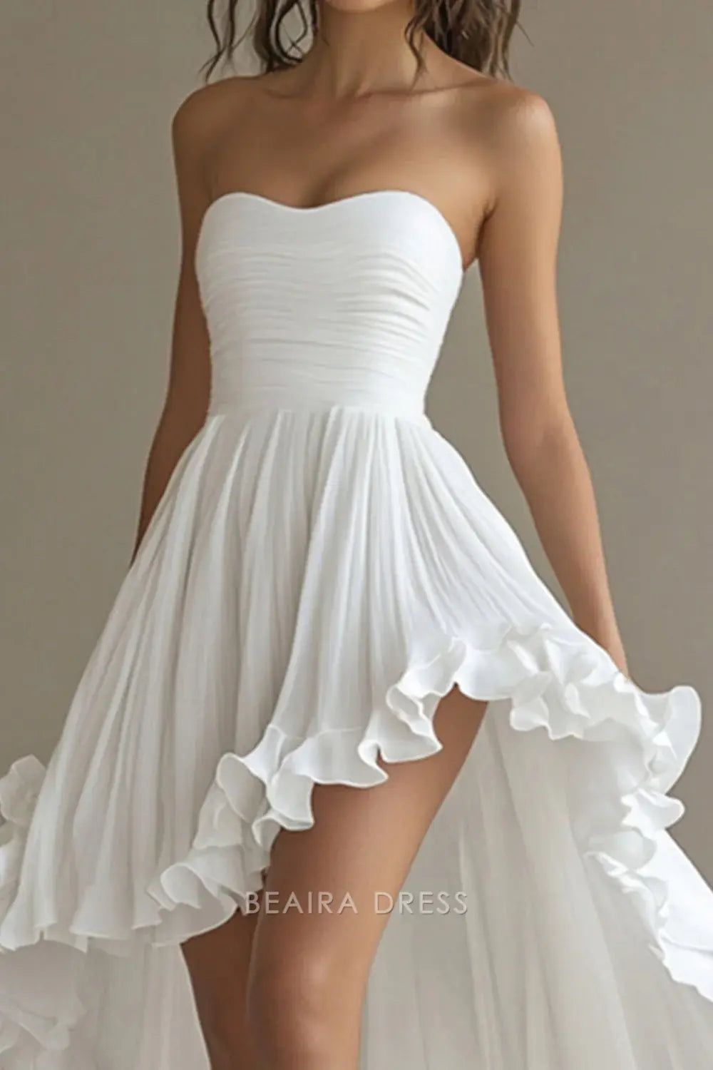 Gorgeous White Strapless Chiffon A Line High-Low Engagement Dress with Ruffles Prom Dress