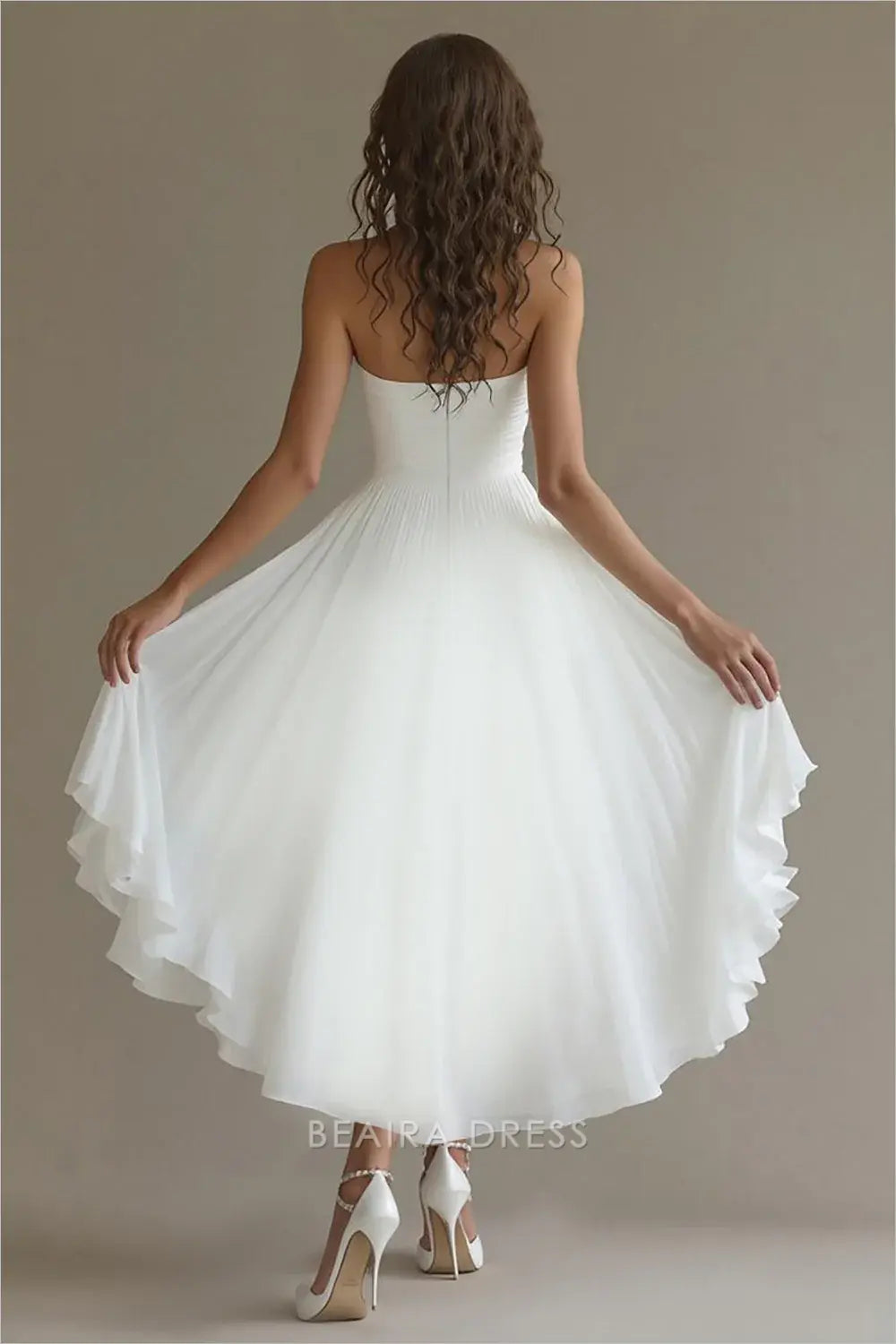 Gorgeous White Strapless Chiffon A Line High-Low Engagement Dress with Ruffles Prom Dress