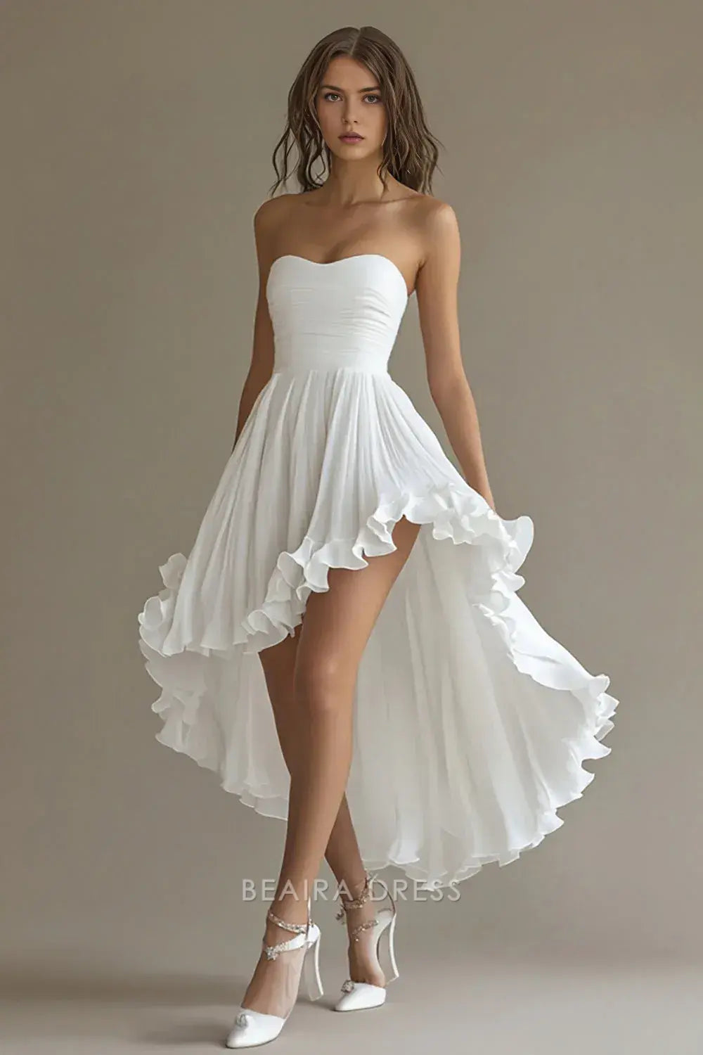 Gorgeous White Strapless Chiffon A Line High-Low Engagement Dress with Ruffles Prom Dress