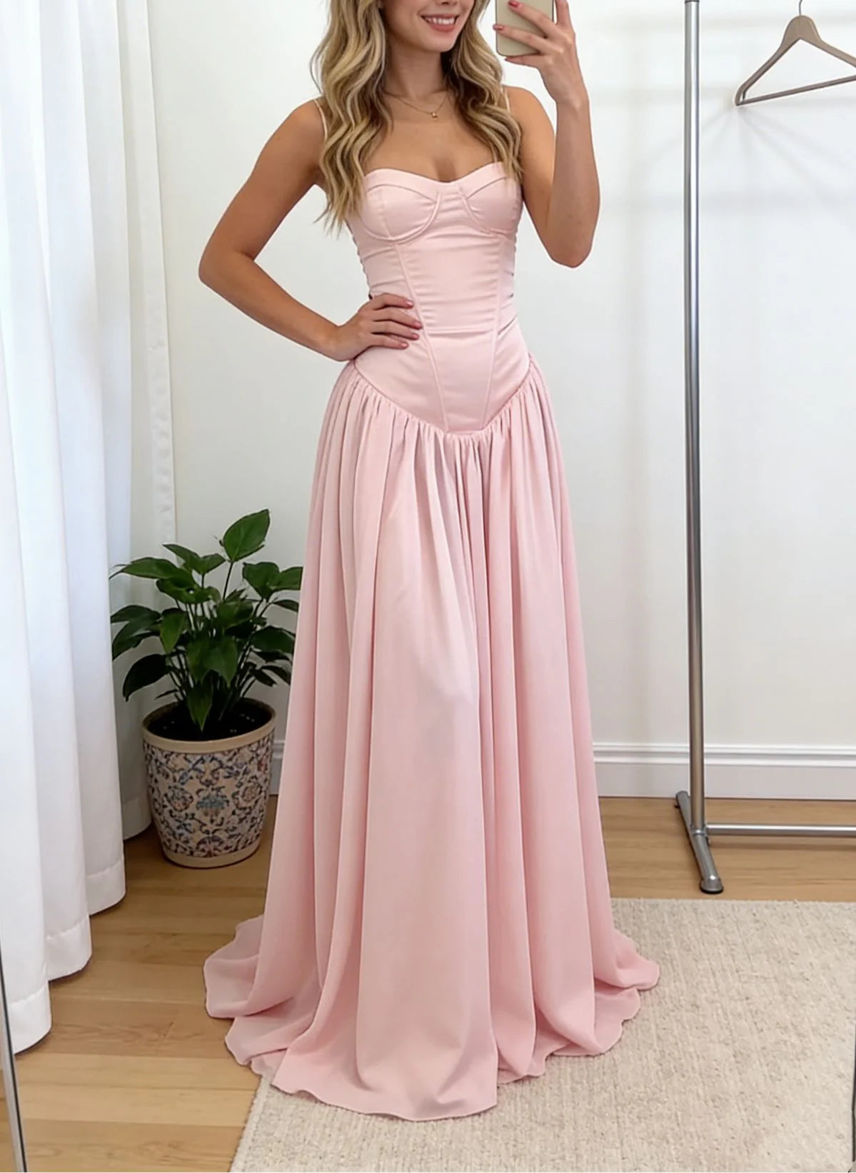 Gorgeous for women Blush Pink Satin & Chiffon Spaghetti Strap Sweetheart Neck Lace-Up Back A-Line Maxi Dress Prom Dress