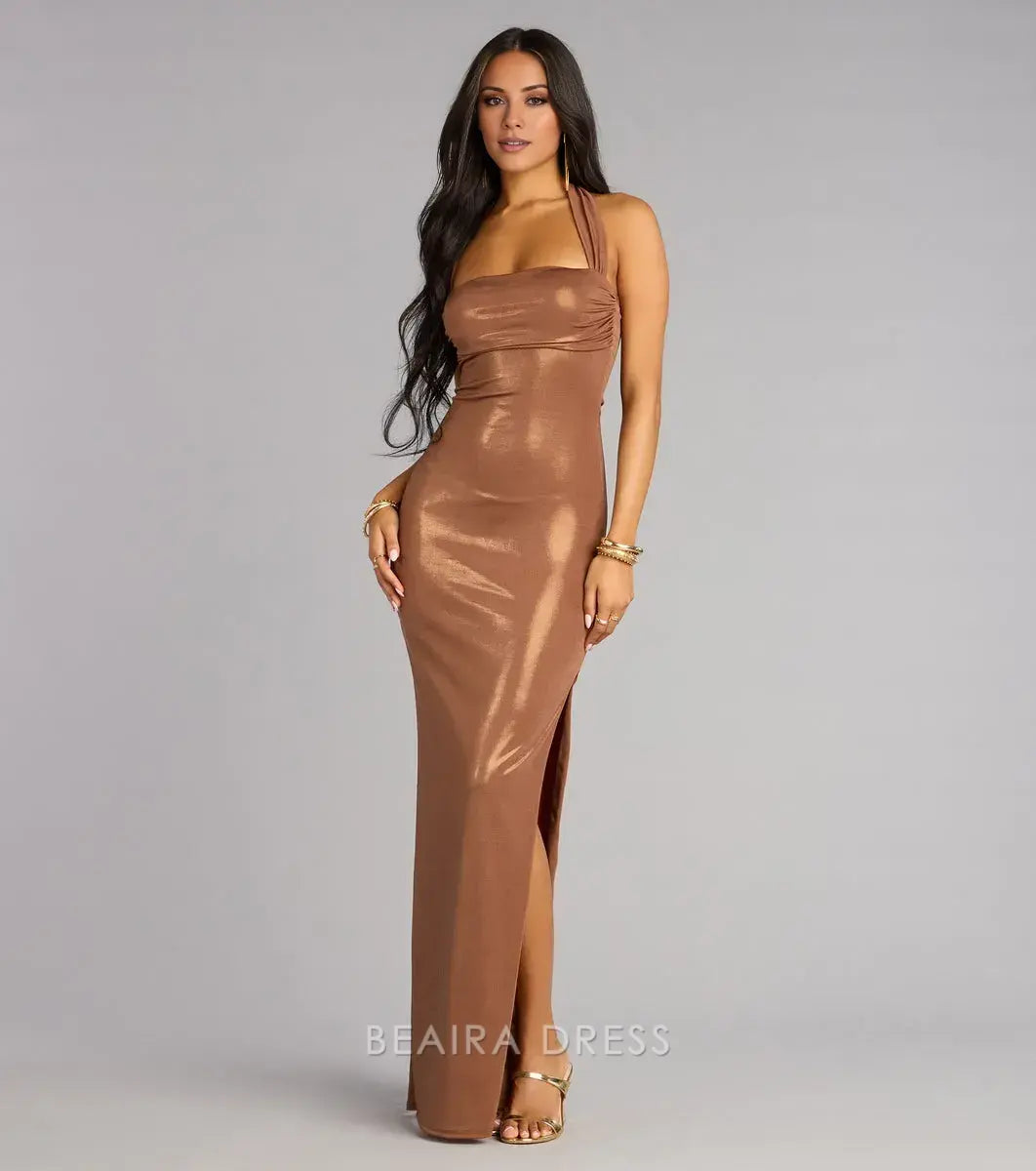 Gorgeous for women Halter Neck Ruched Metallic High Slit Maxi Dress Prom Dress