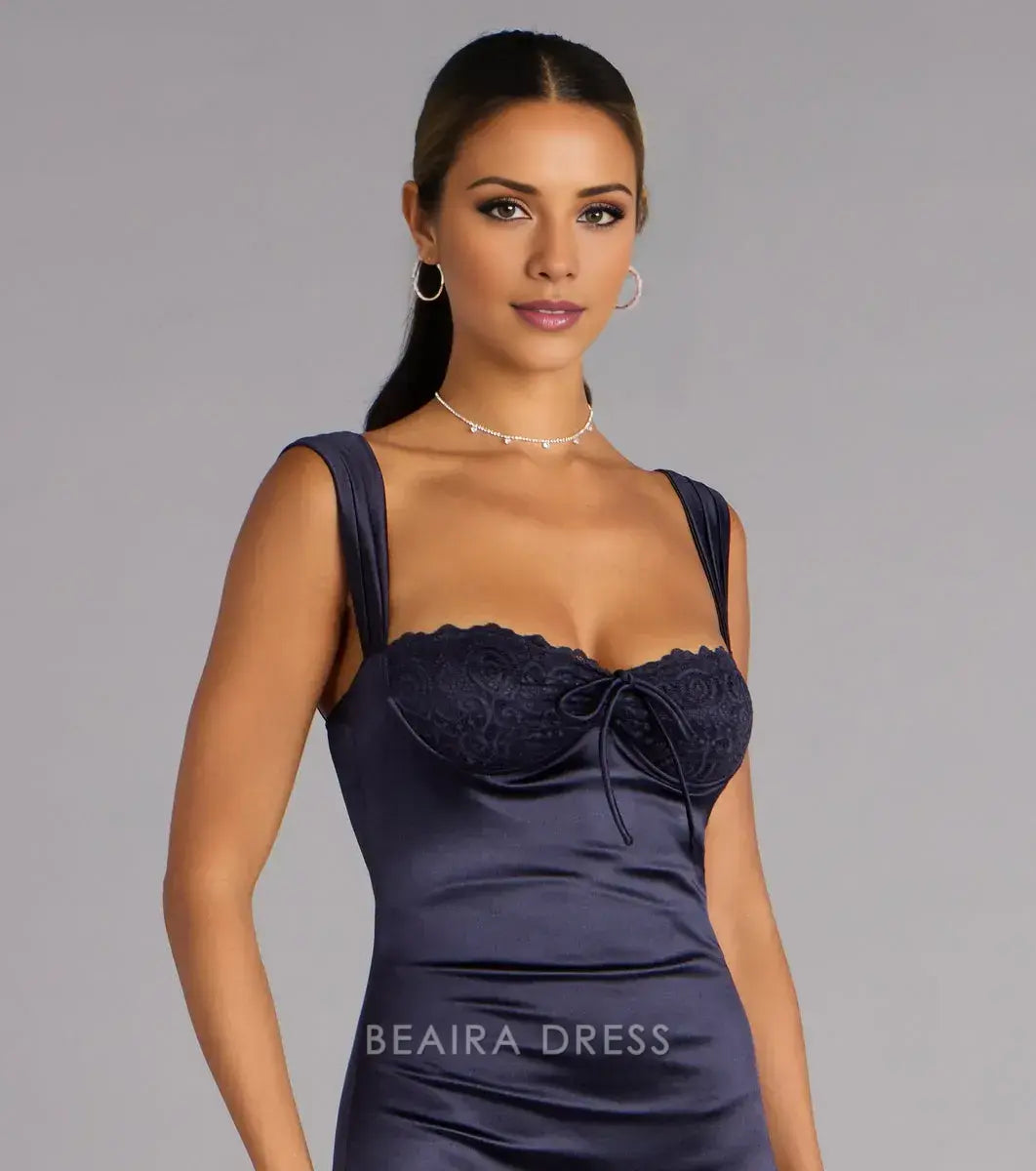 Gorgeous for women Square Strap Lace-Trimmed Satin Mermaid Maxi Dress Prom Dress