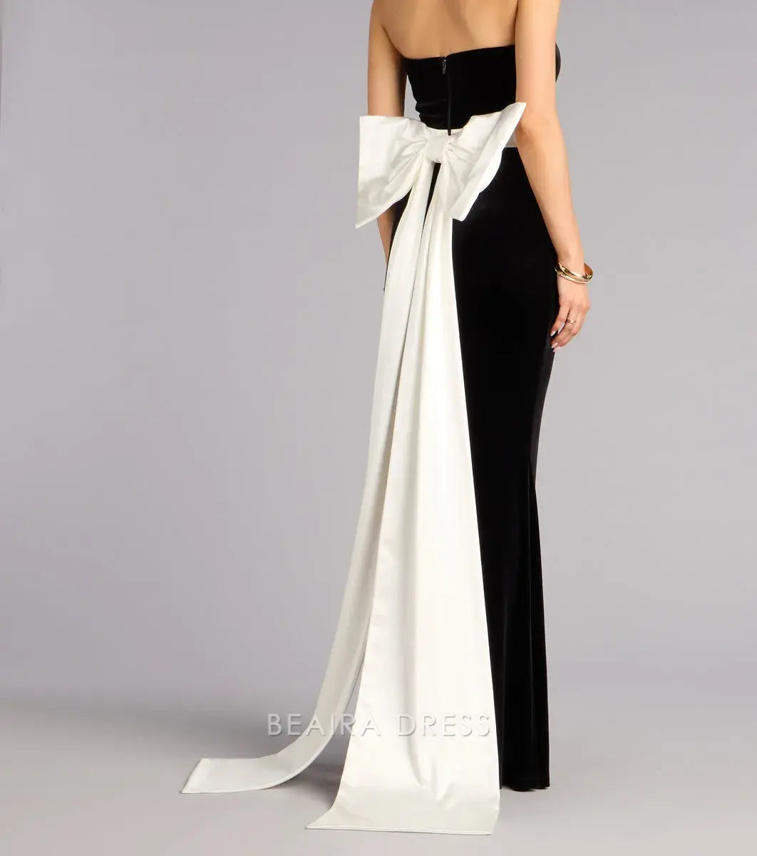 Gorgeous for women Strapless Velvet High Slit Maxi Dress with Contrast Bow Train Prom Dress