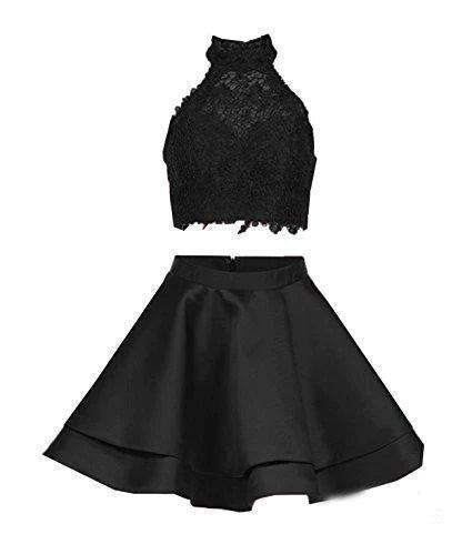 Halter 2 Piece Pink Satin Homecoming Dresses with Lace Mini Short Cocktail Dresses