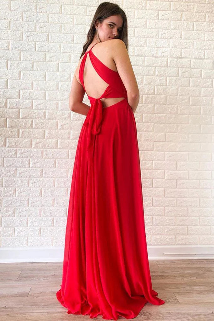 A Line Red Chiffon Sleeveless Prom Dresses Long Cheap Evening Dresses