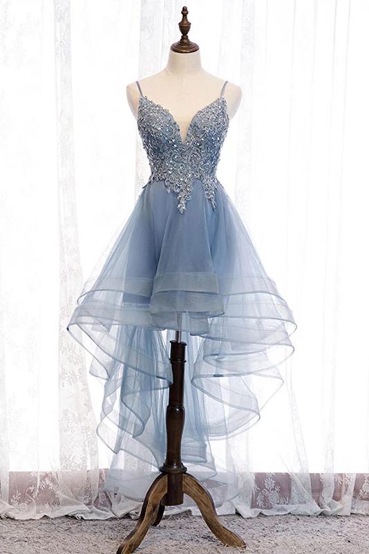 High Low Spaghetti Straps Tulle Homecoming Dresses with Appliques