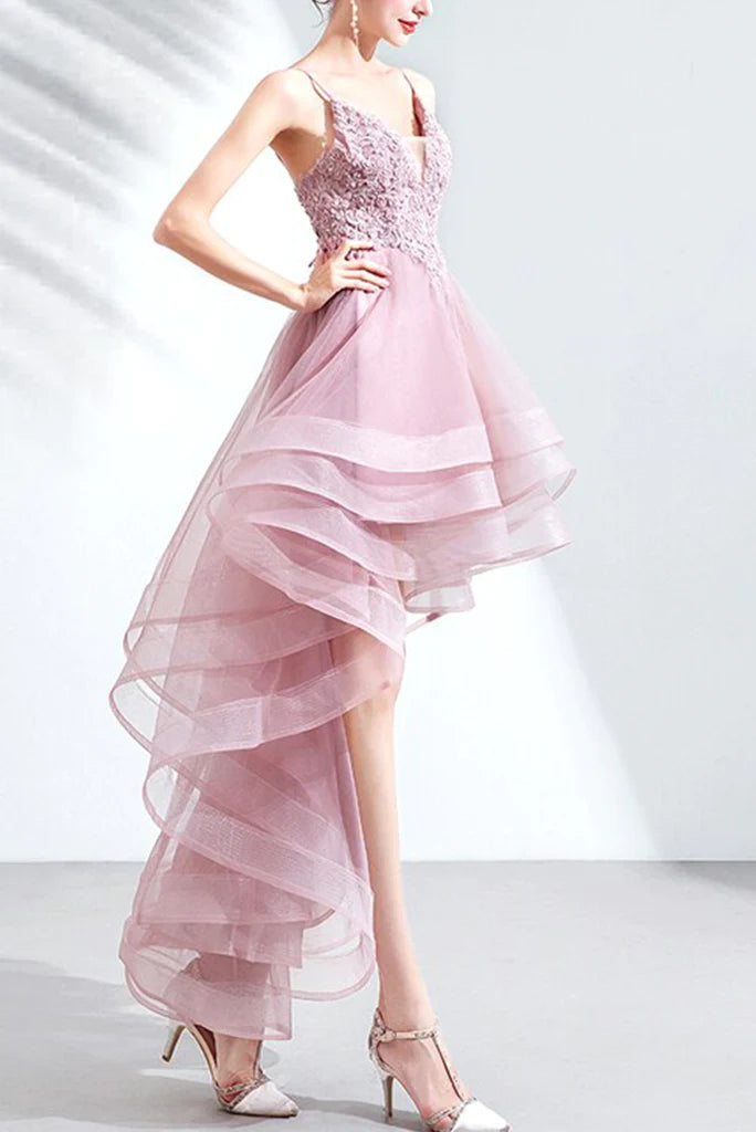 High Low Spaghetti Straps Tulle Homecoming Dresses with Appliques