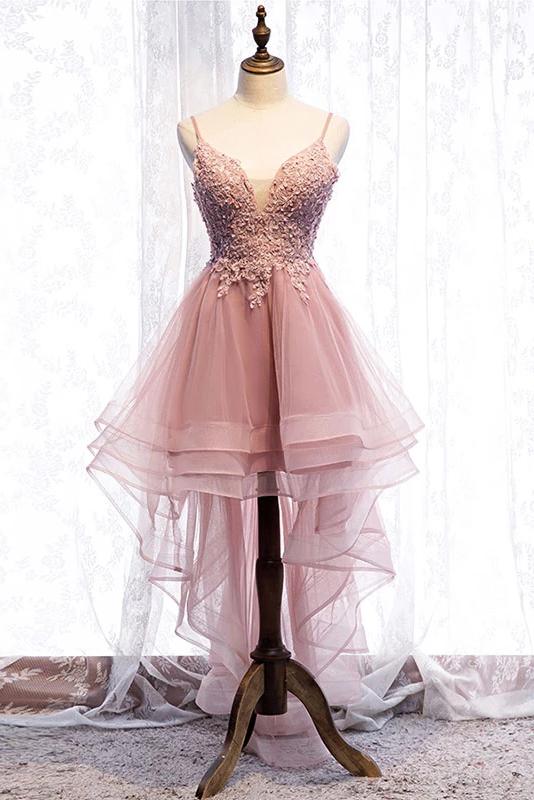 High Low Spaghetti Straps Tulle Homecoming Dresses with Appliques