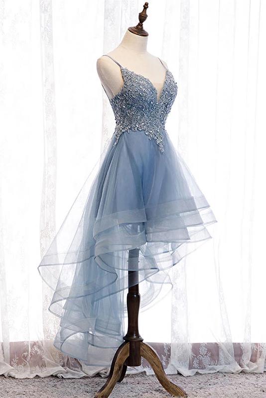 High Low Spaghetti Straps Tulle Homecoming Dresses with Appliques