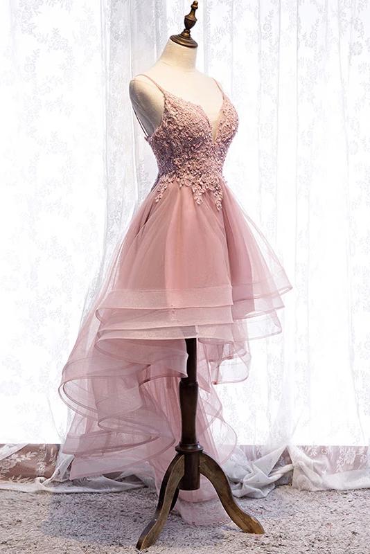 High Low Spaghetti Straps Tulle Homecoming Dresses with Appliques